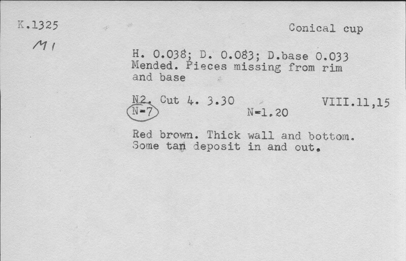 Index card with typed and handwritten information, sometimes including a sketch, of pottery from an excavation.