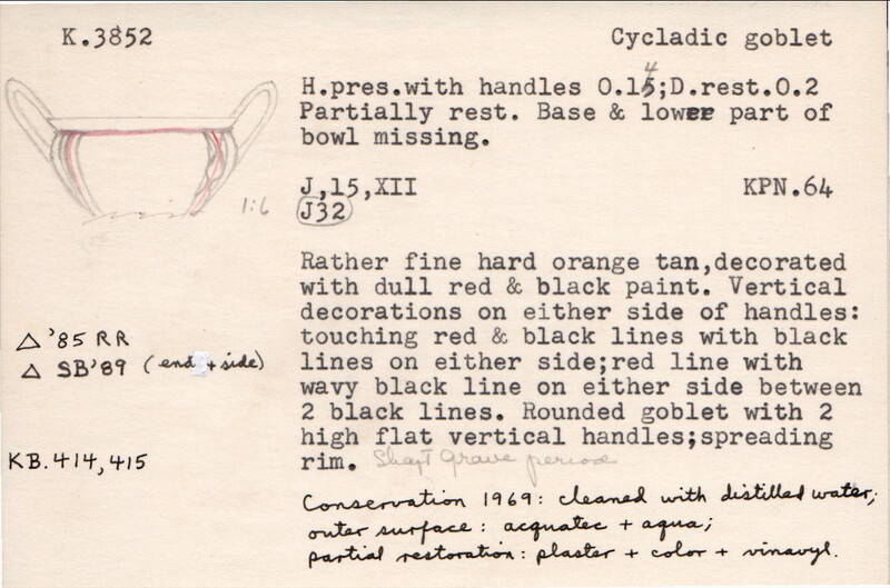 Index card with typed and handwritten information, sometimes including a sketch, of pottery from an excavation.