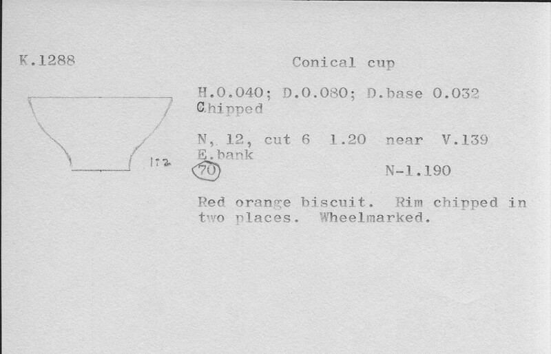 Index card with typed and handwritten information, sometimes including a sketch, of pottery from an excavation.