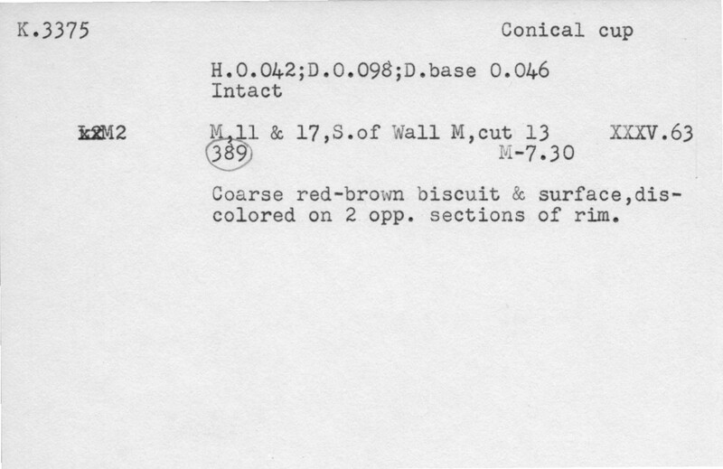Index card with typed and handwritten information, sometimes including a sketch, of pottery from an excavation.