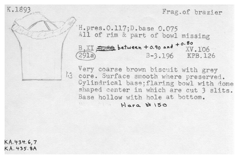 Index card with typed and handwritten information, sometimes including a sketch, of pottery from an excavation.