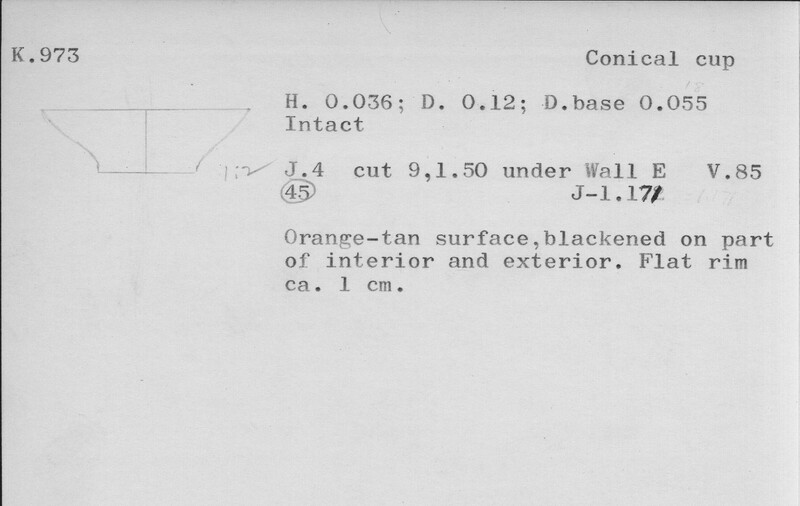 Index card with typed and handwritten information, sometimes including a sketch, of pottery from an excavation.