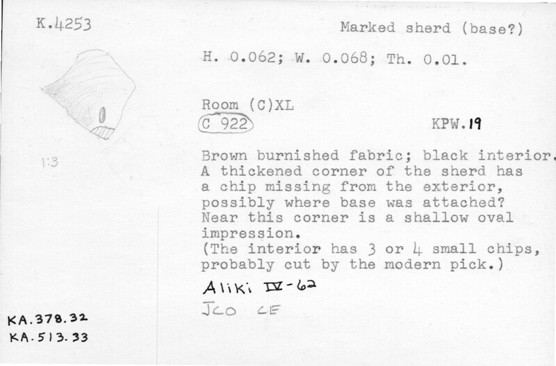 Index card with typed and handwritten information, sometimes including a sketch, of pottery from an excavation.