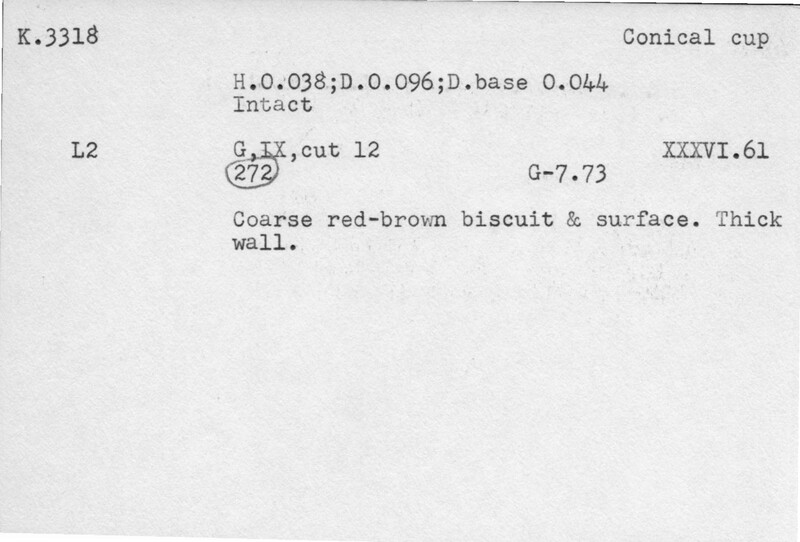 Index card with typed and handwritten information, sometimes including a sketch, of pottery from an excavation.