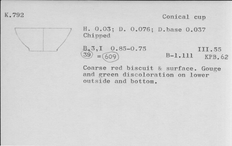 Index card with typed and handwritten information, sometimes including a sketch, of pottery from an excavation.