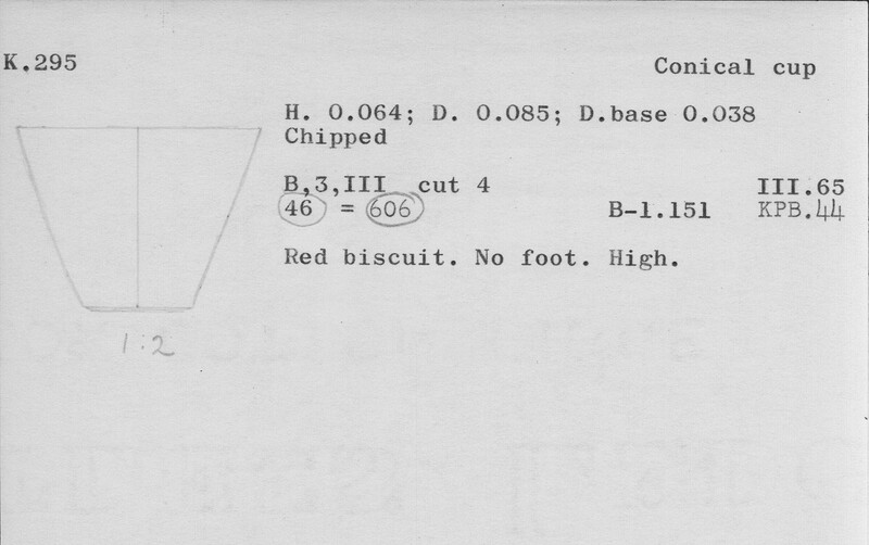 Index card with typed and handwritten information, sometimes including a sketch, of pottery from an excavation.
