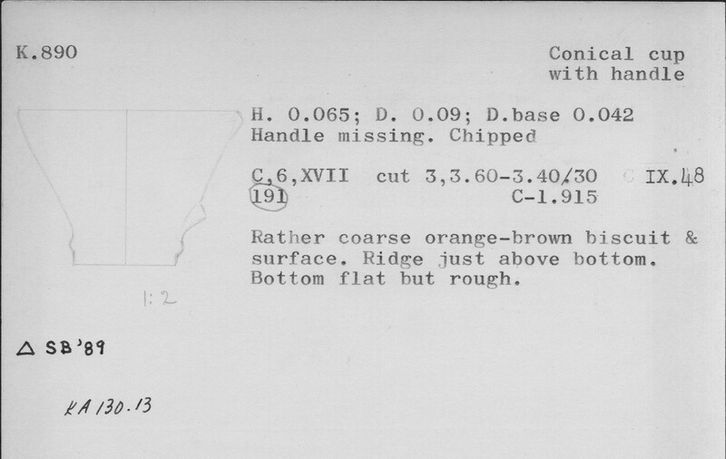 Index card with typed and handwritten information, sometimes including a sketch, of pottery from an excavation.