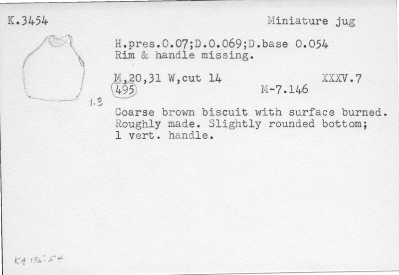 Index card with typed and handwritten information, sometimes including a sketch, of pottery from an excavation.