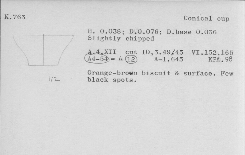 Index card with typed and handwritten information, sometimes including a sketch, of pottery from an excavation.