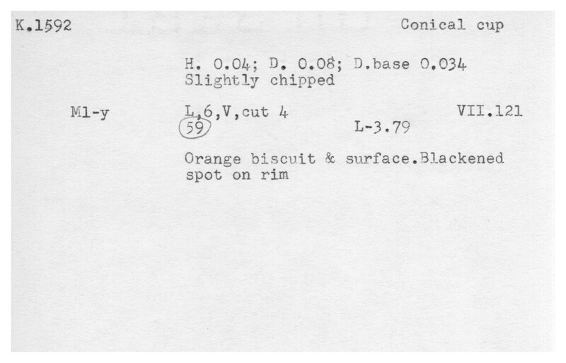 Index card with typed and handwritten information, sometimes including a sketch, of pottery from an excavation.