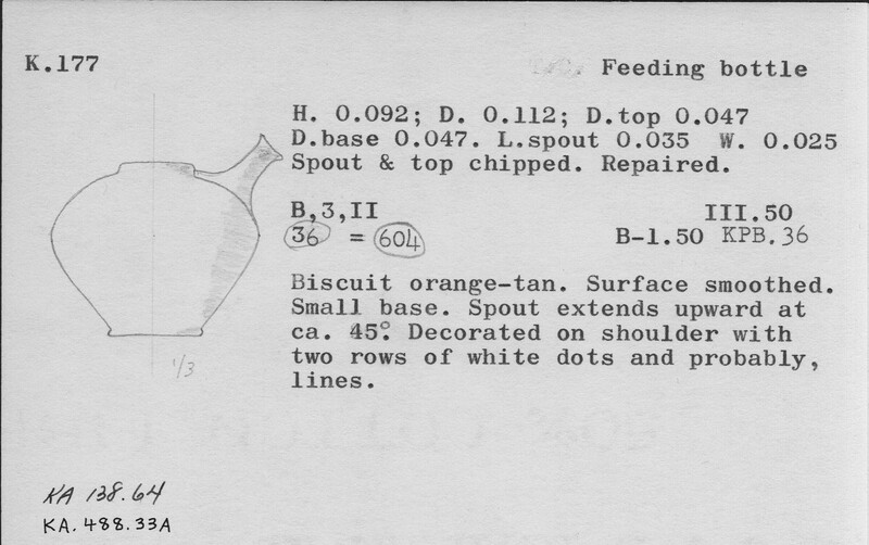Index card with typed and handwritten information, sometimes including a sketch, of pottery from an excavation.