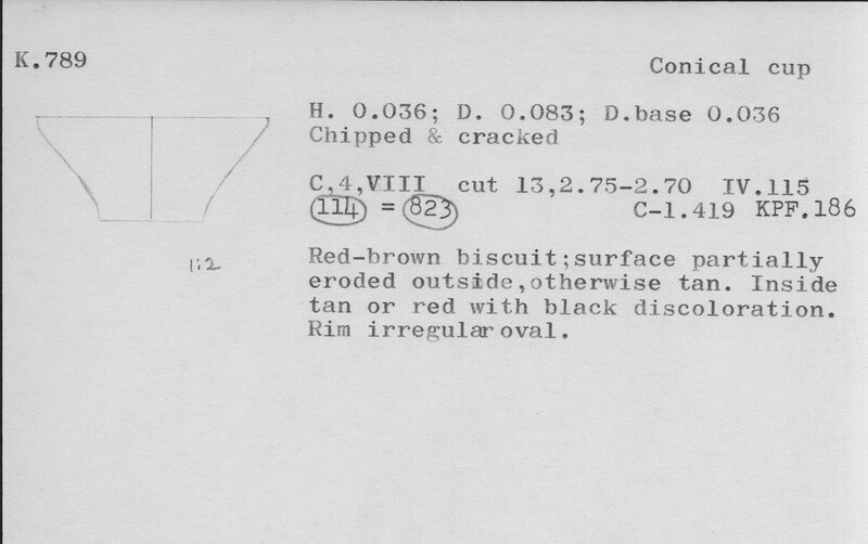 Index card with typed and handwritten information, sometimes including a sketch, of pottery from an excavation.