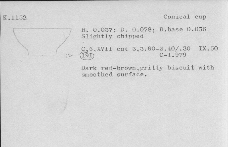 Index card with typed and handwritten information, sometimes including a sketch, of pottery from an excavation.