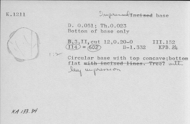 Index card with typed and handwritten information, sometimes including a sketch, of pottery from an excavation.