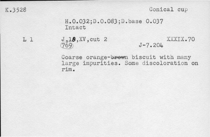 Index card with typed and handwritten information, sometimes including a sketch, of pottery from an excavation.