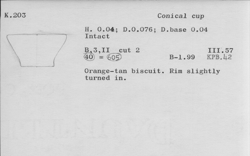 Index card with typed and handwritten information, sometimes including a sketch, of pottery from an excavation.