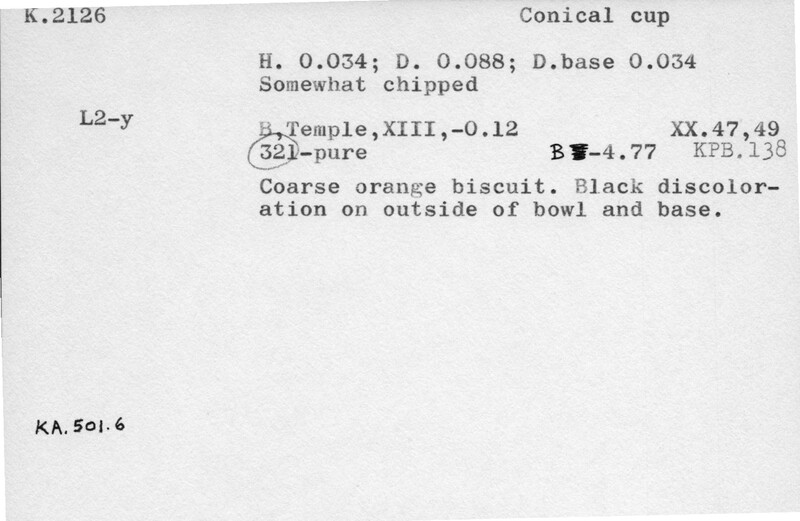 Index card with typed and handwritten information, sometimes including a sketch, of pottery from an excavation.