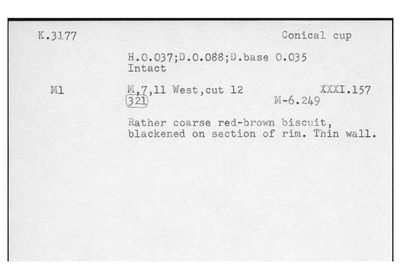 Index card with typed and handwritten information, sometimes including a sketch, of pottery from an excavation.