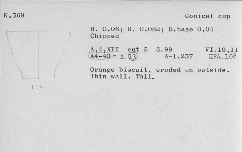 Index card with typed and handwritten information, sometimes including a sketch, of pottery from an excavation.