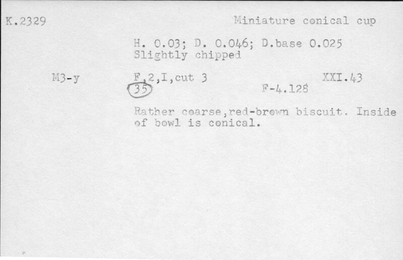 Index card with typed and handwritten information, sometimes including a sketch, of pottery from an excavation.