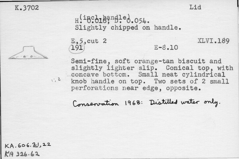 Index card with typed and handwritten information, sometimes including a sketch, of pottery from an excavation.