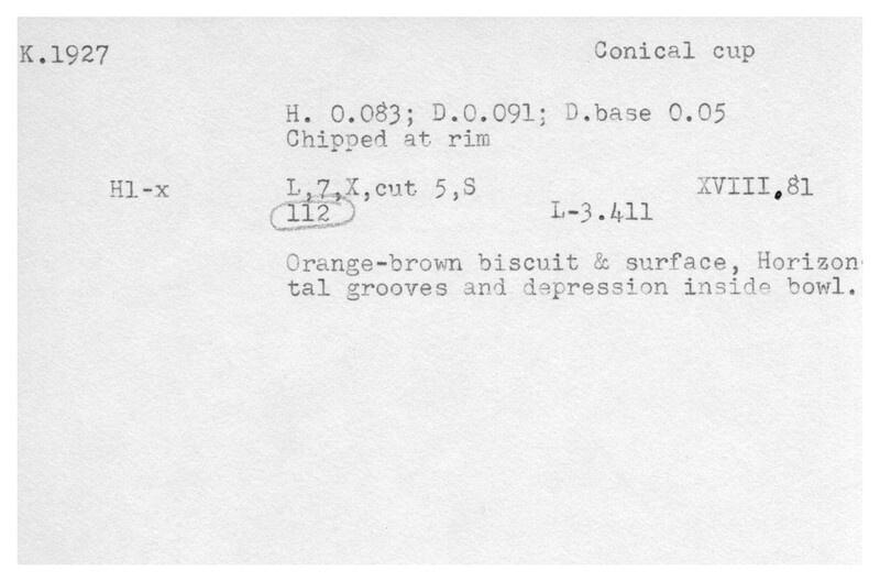 Index card with typed and handwritten information, sometimes including a sketch, of pottery from an excavation.