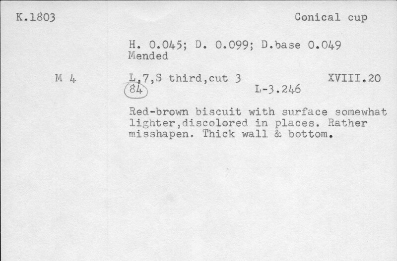 Index card with typed and handwritten information, sometimes including a sketch, of pottery from an excavation.