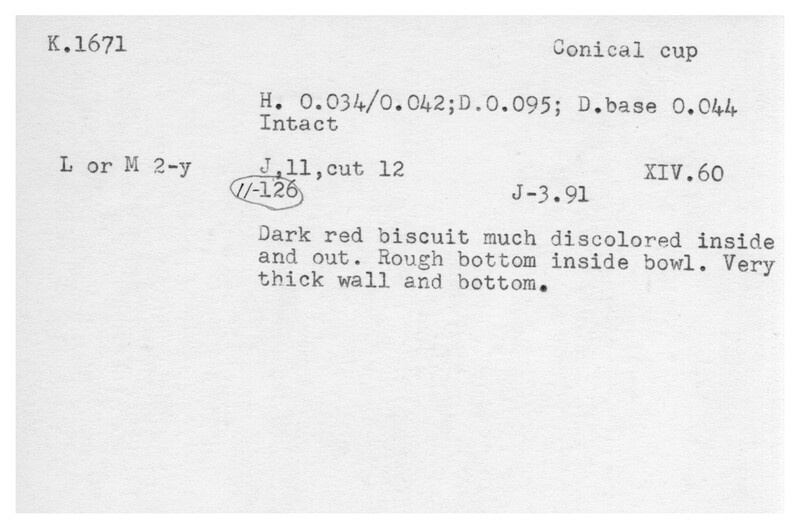 Index card with typed and handwritten information, sometimes including a sketch, of pottery from an excavation.