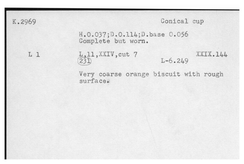 Index card with typed and handwritten information, sometimes including a sketch, of pottery from an excavation.