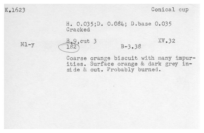 Index card with typed and handwritten information, sometimes including a sketch, of pottery from an excavation.
