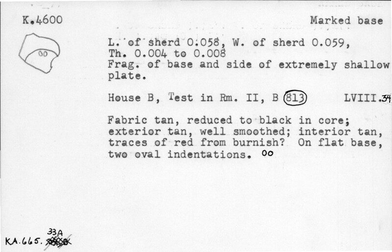 Index card with typed and handwritten information, sometimes including a sketch, of pottery from an excavation.