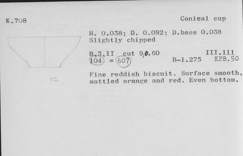 Index card with typed and handwritten information, sometimes including a sketch, of pottery from an excavation.