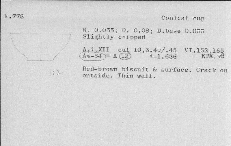 Index card with typed and handwritten information, sometimes including a sketch, of pottery from an excavation.