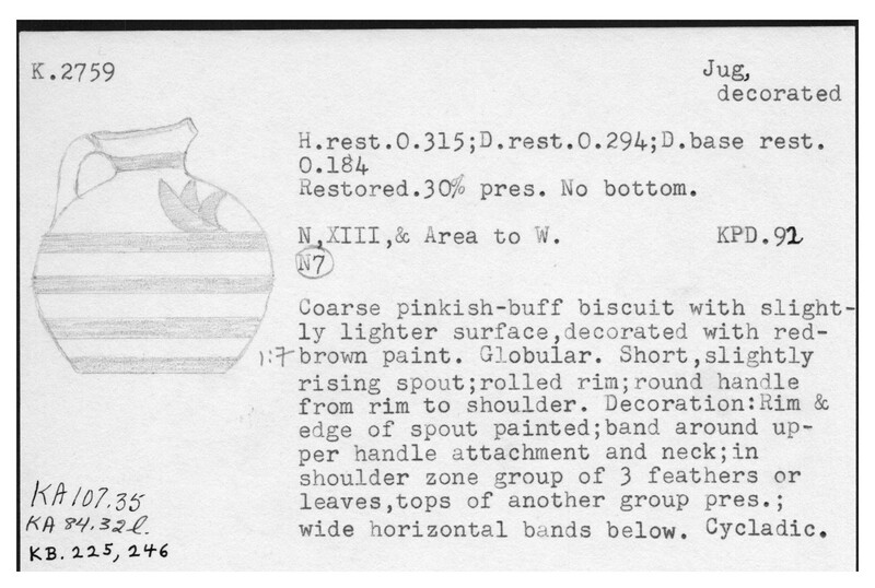 Index card with typed and handwritten information, sometimes including a sketch, of pottery from an excavation.