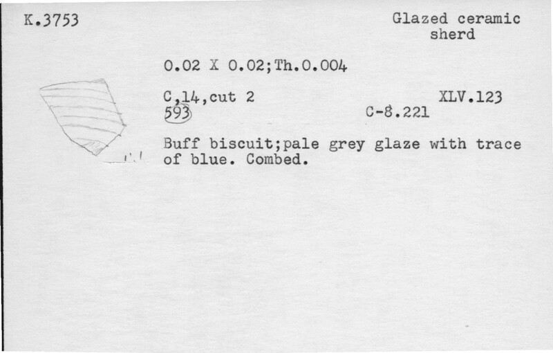 Index card with typed and handwritten information, sometimes including a sketch, of pottery from an excavation.
