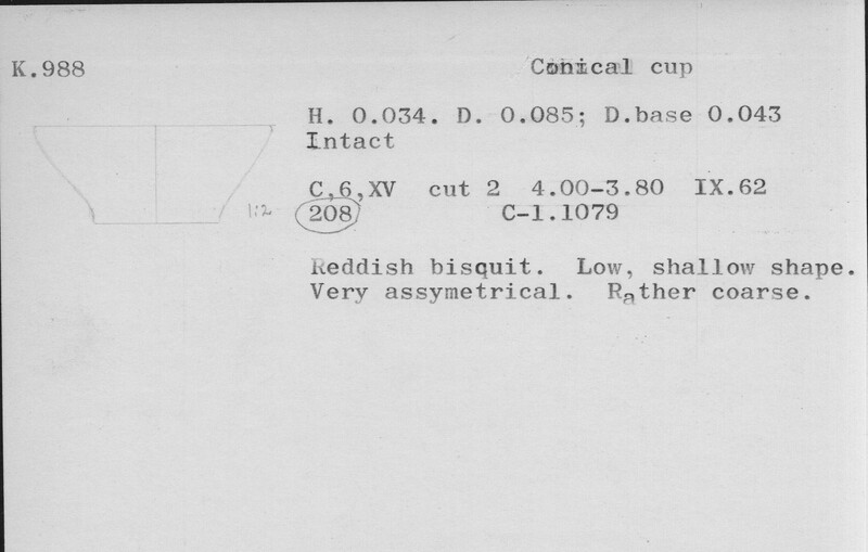Index card with typed and handwritten information, sometimes including a sketch, of pottery from an excavation.