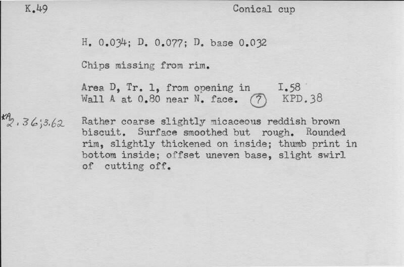 Index card with typed and handwritten information, sometimes including a sketch, of pottery from an excavation.