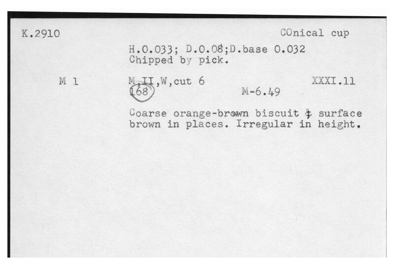 Index card with typed and handwritten information, sometimes including a sketch, of pottery from an excavation.