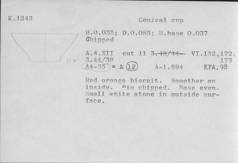 Index card with typed and handwritten information, sometimes including a sketch, of pottery from an excavation.
