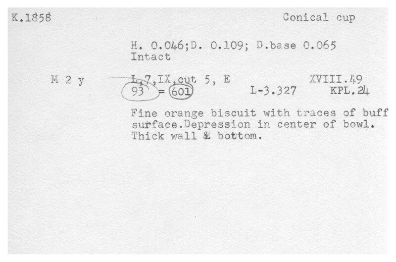 Index card with typed and handwritten information, sometimes including a sketch, of pottery from an excavation.