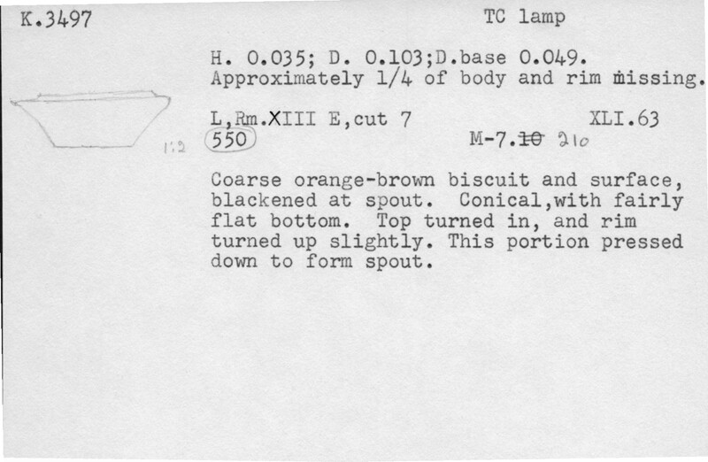 Index card with typed and handwritten information, sometimes including a sketch, of pottery from an excavation.