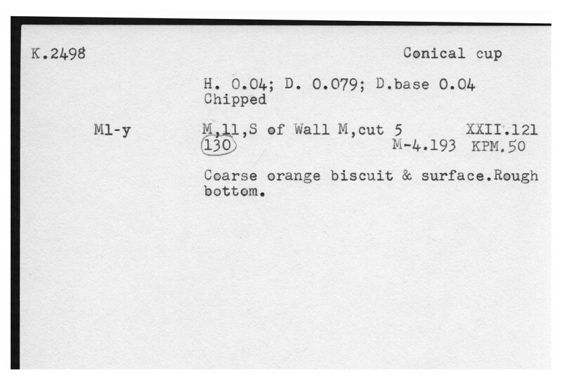 Index card with typed and handwritten information, sometimes including a sketch, of pottery from an excavation.