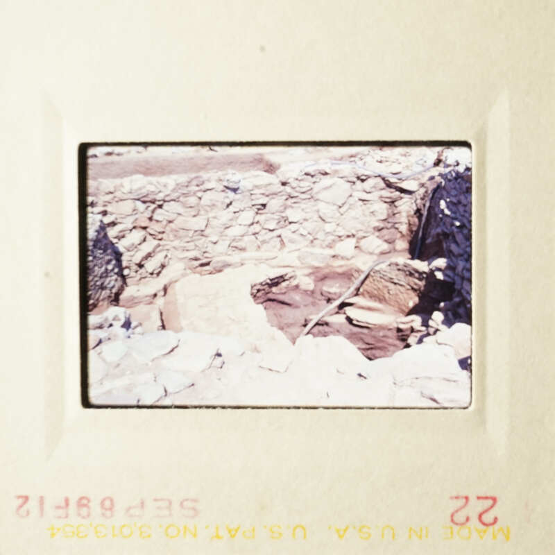 Two photos showing rocky terrain with a small cave-like structure.