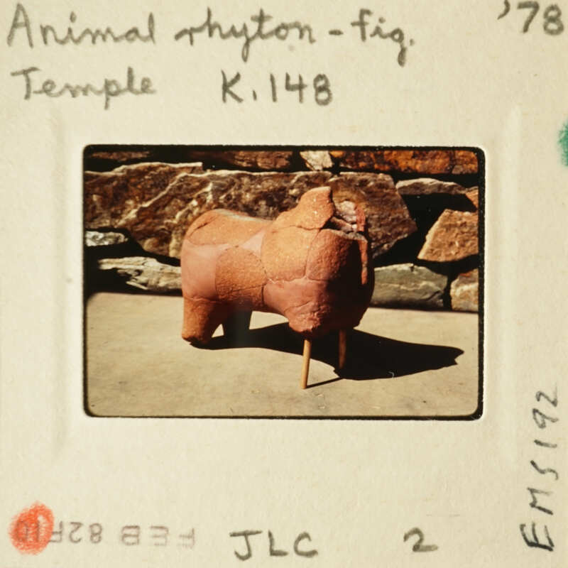 A clay sculpture of an animal on display.