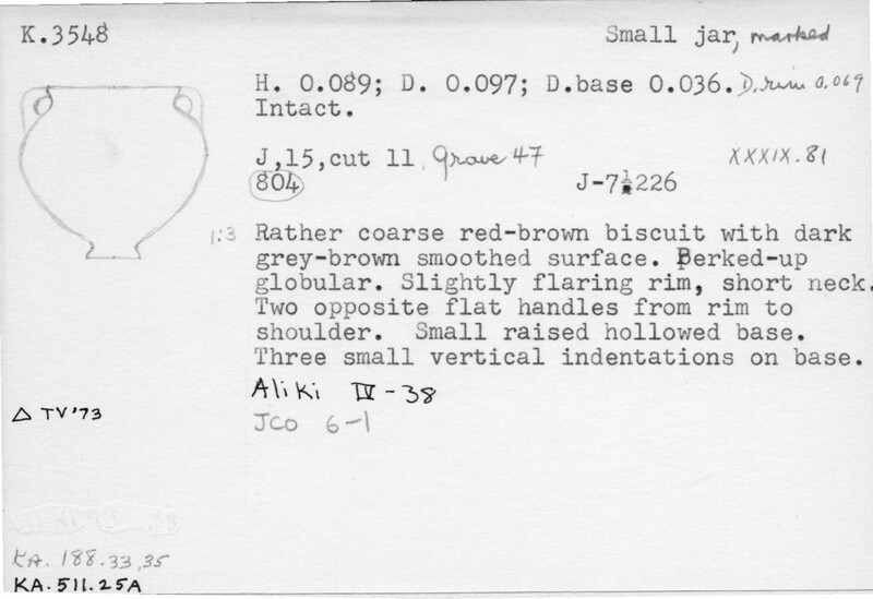 Index card with typed and handwritten information, sometimes including a sketch, of pottery from an excavation.
