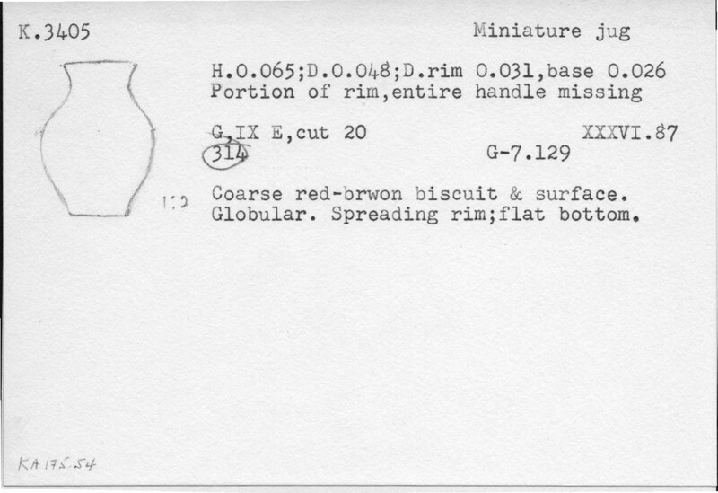 Index card with typed and handwritten information, sometimes including a sketch, of pottery from an excavation.