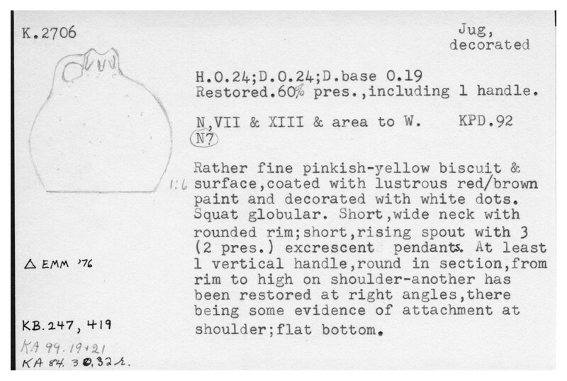 Index card with typed and handwritten information, sometimes including a sketch, of pottery from an excavation.