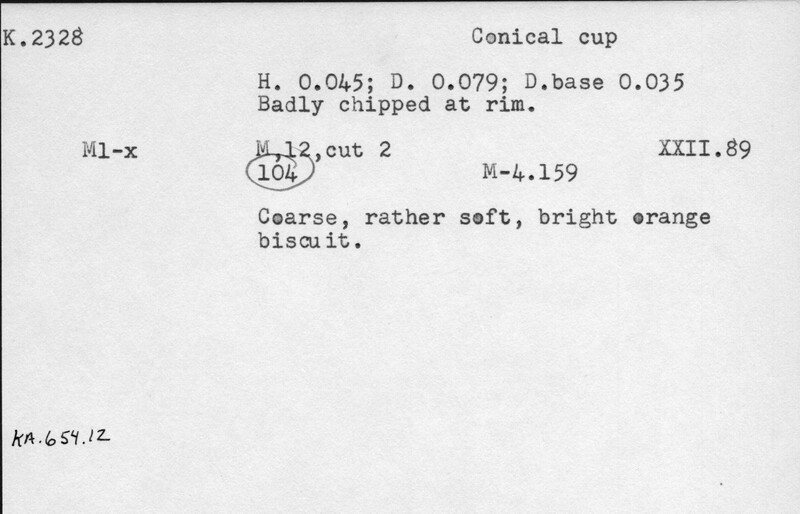 Index card with typed and handwritten information, sometimes including a sketch, of pottery from an excavation.