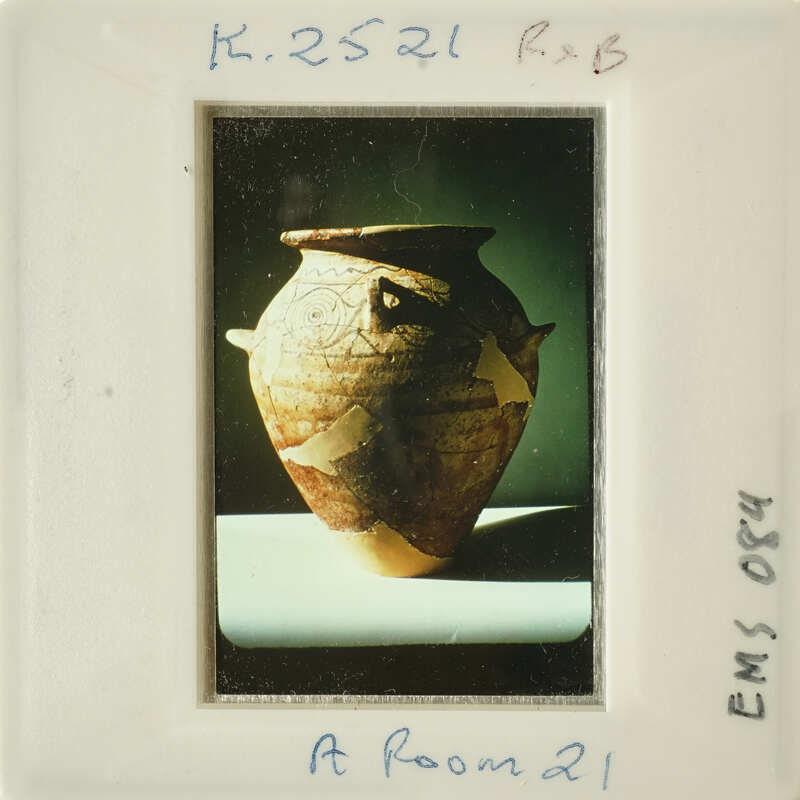 A photograph of an ancient vase with intricate designs.