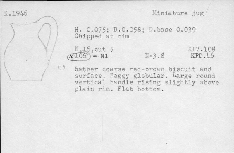 Index card with typed and handwritten information, sometimes including a sketch, of pottery from an excavation.